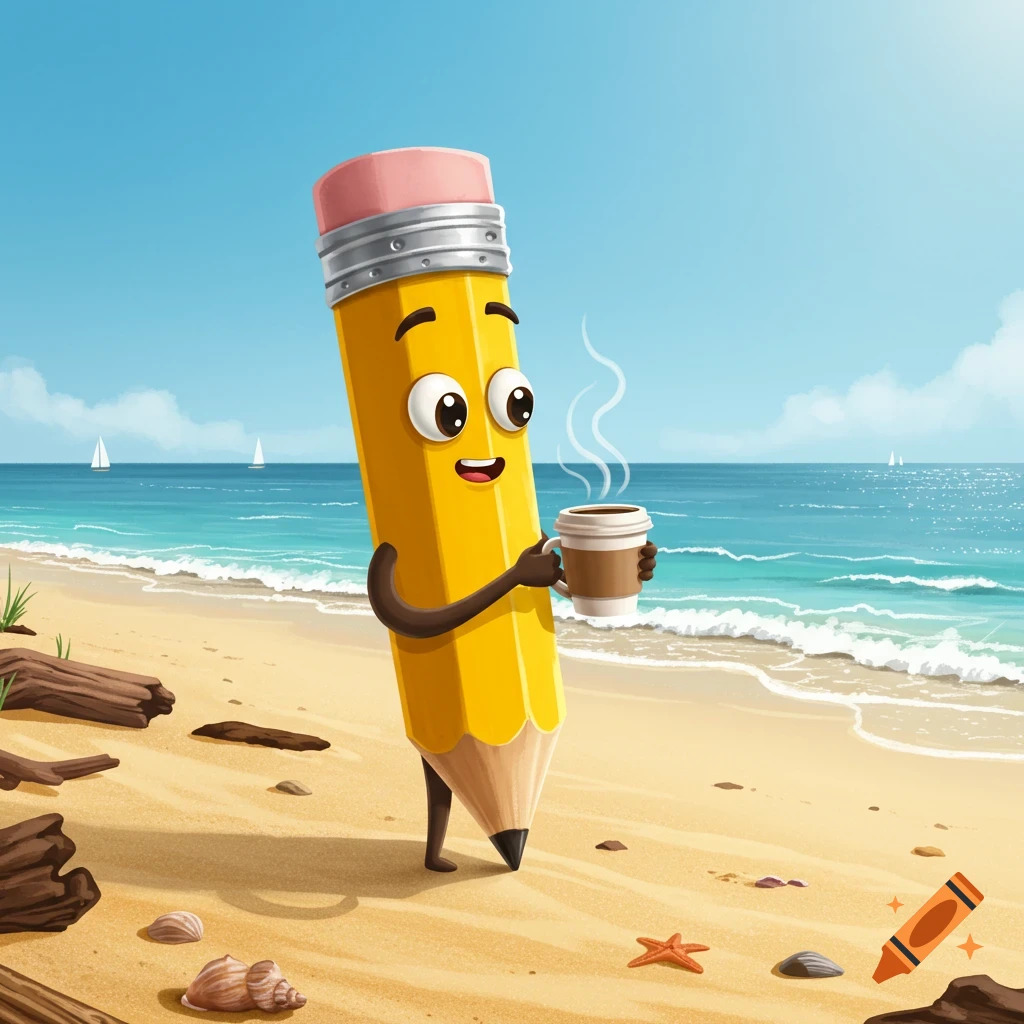 A cheerful cartoon pencil holding a steaming coffee cup stands on a sunny beach with ocean waves in the background.
