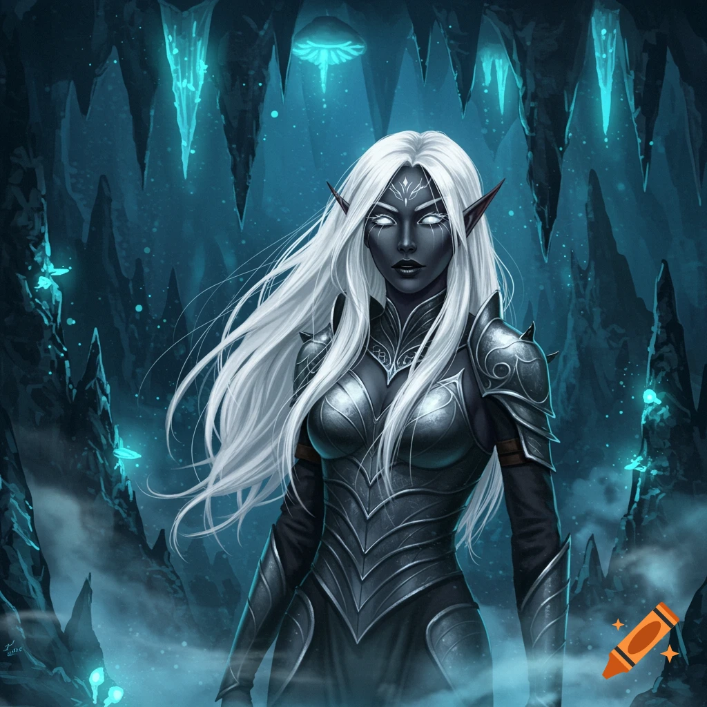 A dark elf with long white hair, silver eyes, and dark skin, wearing dark armor in a glowing, crystalline cave.