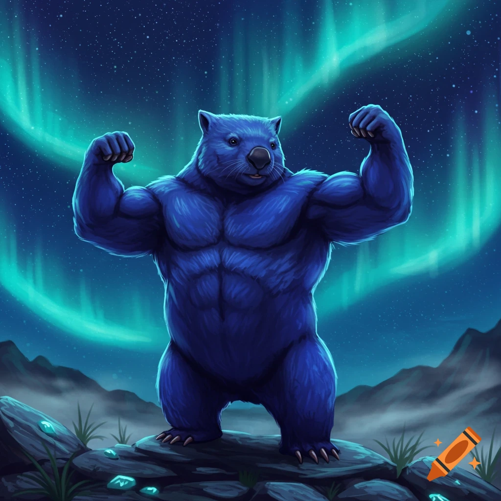 An illustration of a muscular blue wombat flexing its biceps on rocks under the aurora borealis.