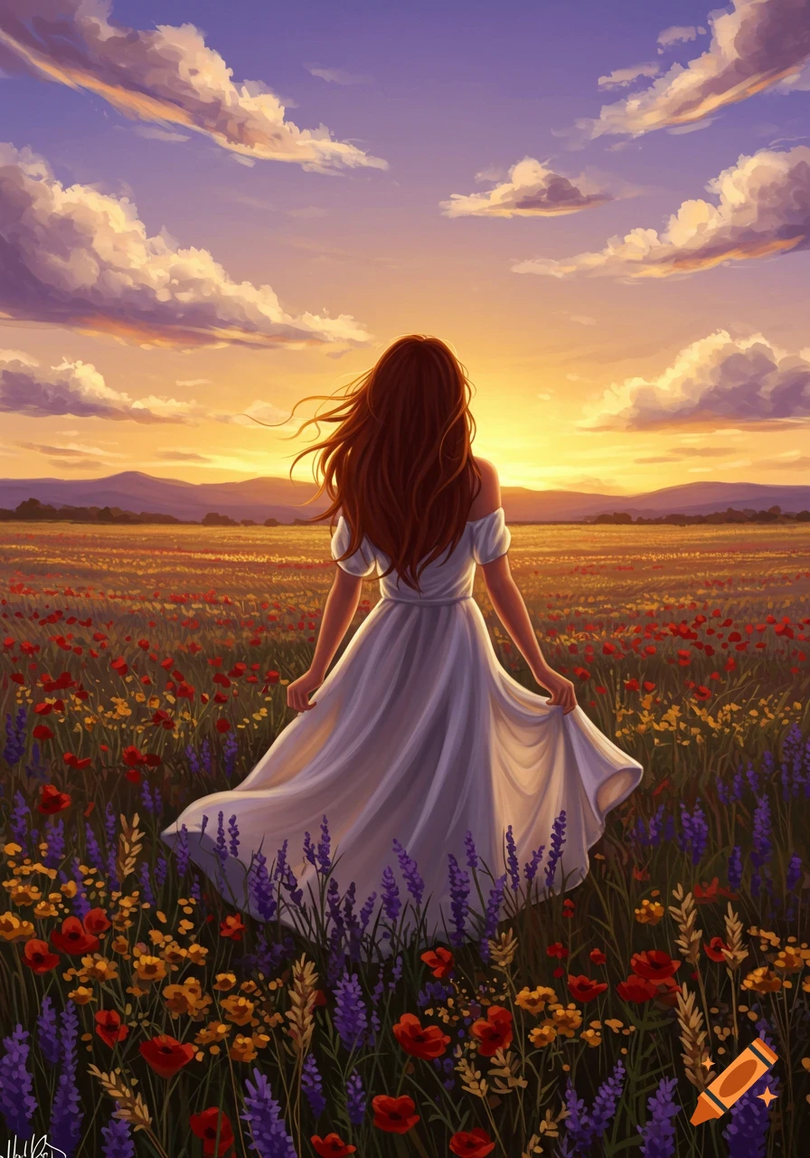 Illustrated painting of a young woman in a white dress walking through a field of wildflowers at sunset.