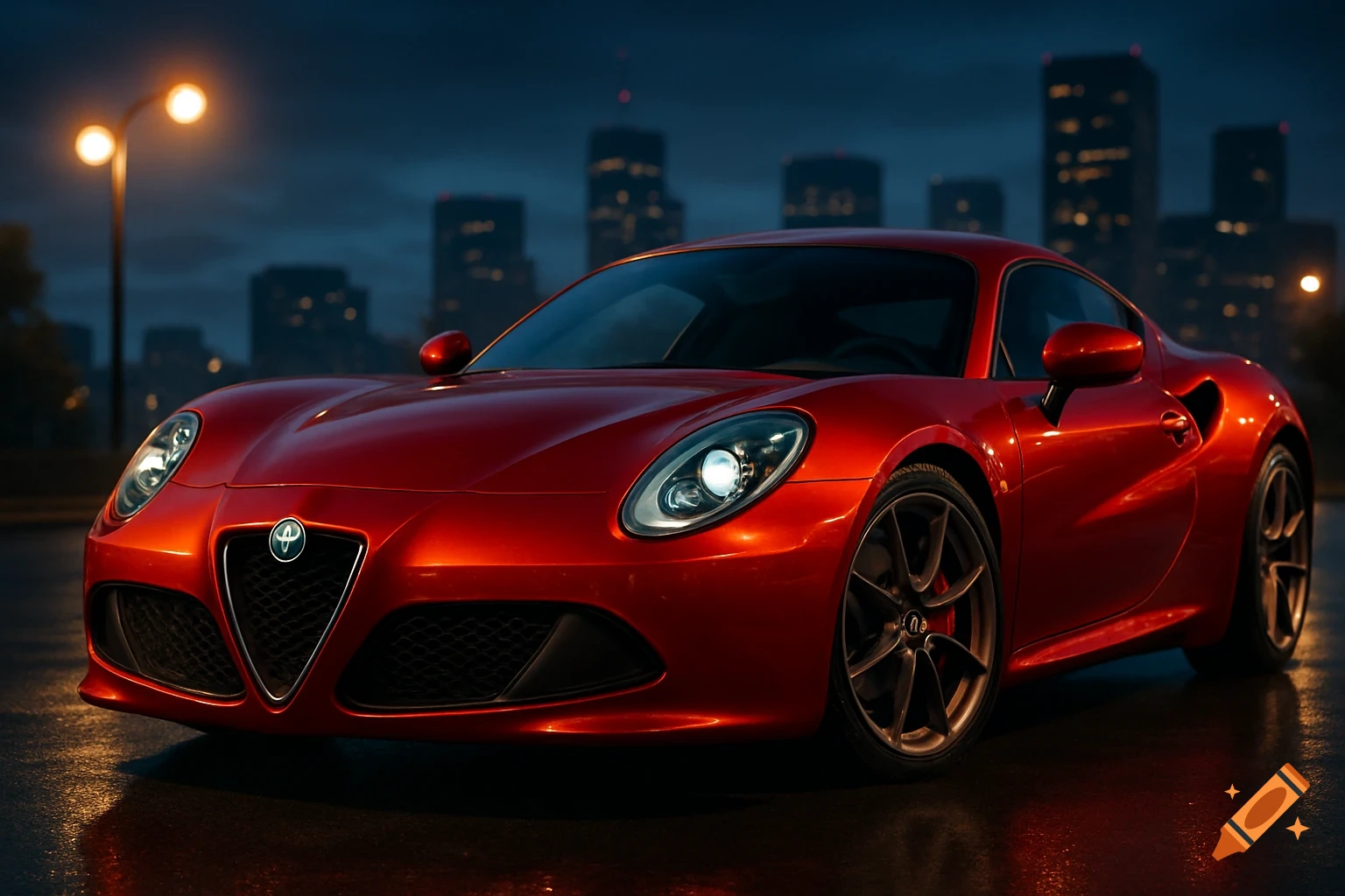 A glossy red Alfa Romeo sports car parked on a wet street at night, with blurred city buildings and streetlights in the background. Photorealistic style.