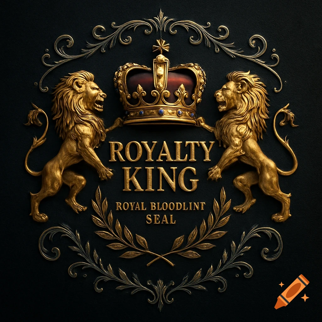 A golden royal emblem with two lions, a crown, and the words ROYALTY KING ROYAL BLOODLINT SEAL on a dark background.