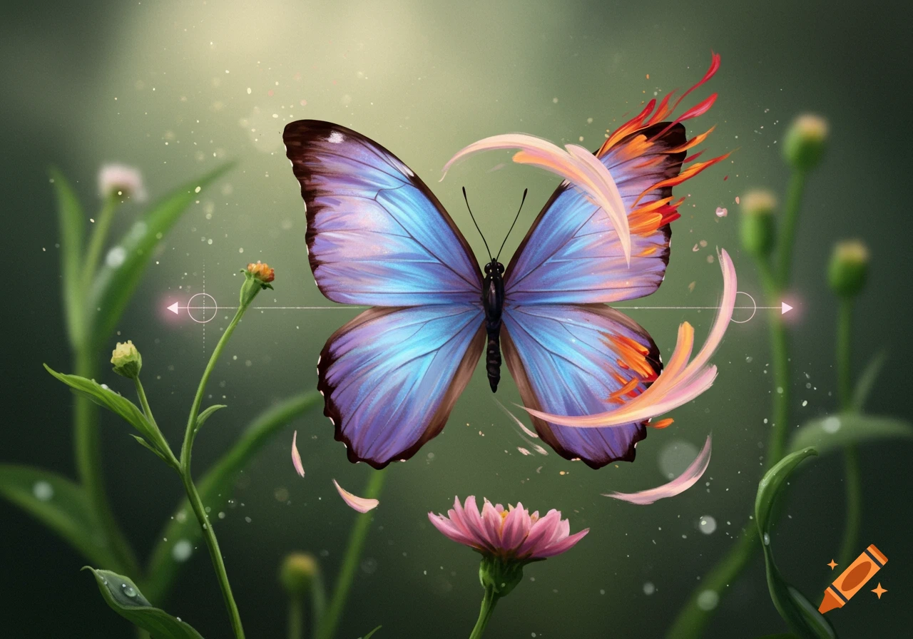 A vibrant blue and purple butterfly with one wing transforming into orange flames and swirling pink energy in a green garden.