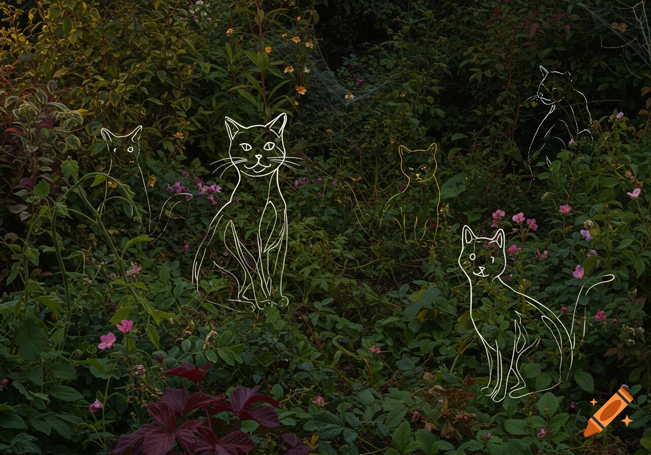 White outline drawings of cats hidden in a lush green garden with pink flowers and spiderwebs.