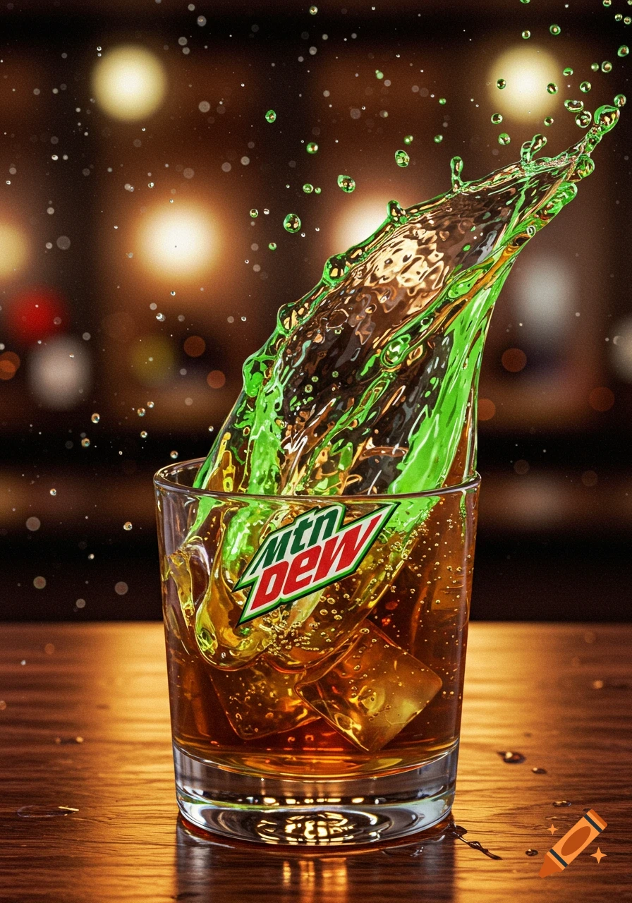 A dramatic splash of green Mountain Dew liquid with its logo emerging from a glass of whiskey and ice on a bar.