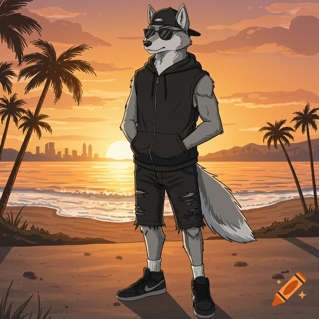 Cartoon anthropomorphic grey wolf in casual wear on a beach at sunset with palm trees and city skyline.