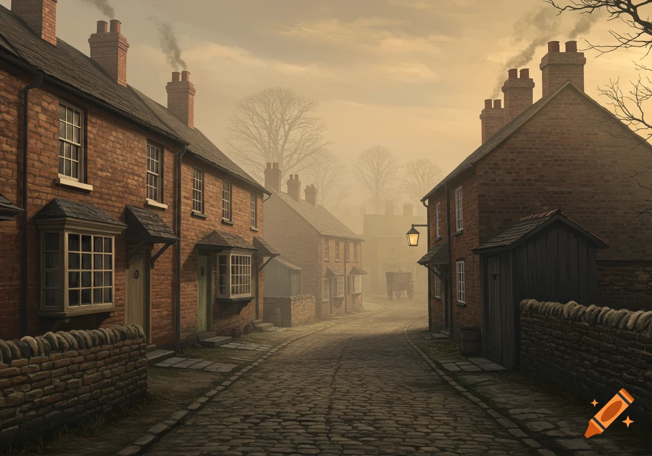 An old English village street with red brick terraced houses, cobblestone road, and a foggy sky at dusk.