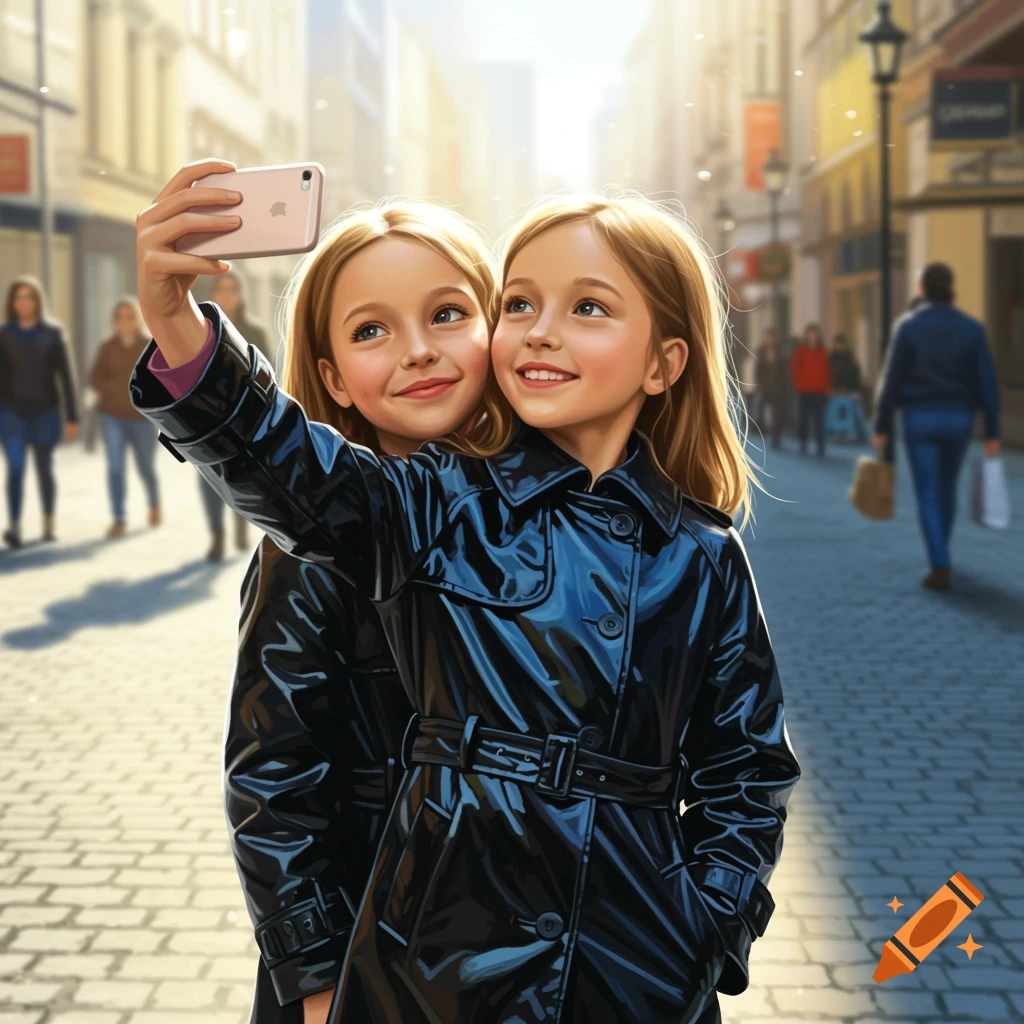 Two smiling young girls in shiny black trench coats take a selfie on a sunny city street.