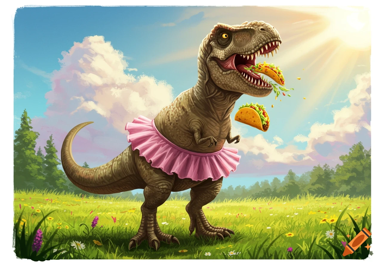 Cartoon T-Rex in a pink tutu eating tacos in a sunny, grassy field.