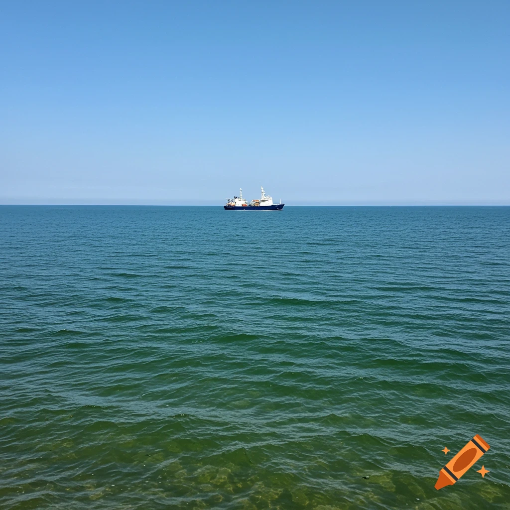 A small blue and white survey vessel floats on a calm, green-blue sea under a clear sky.