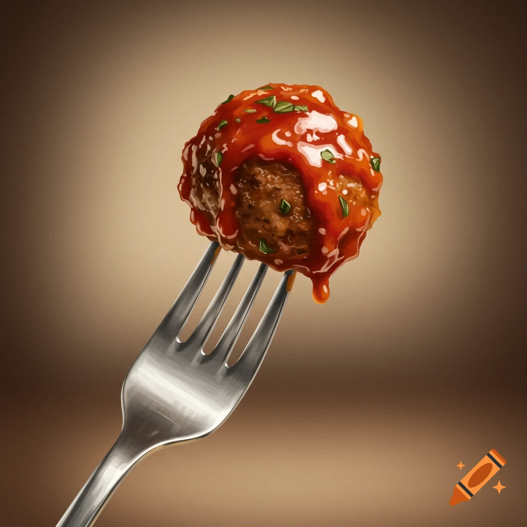 Photorealistic meatball on a fork with dripping marinara sauce.
