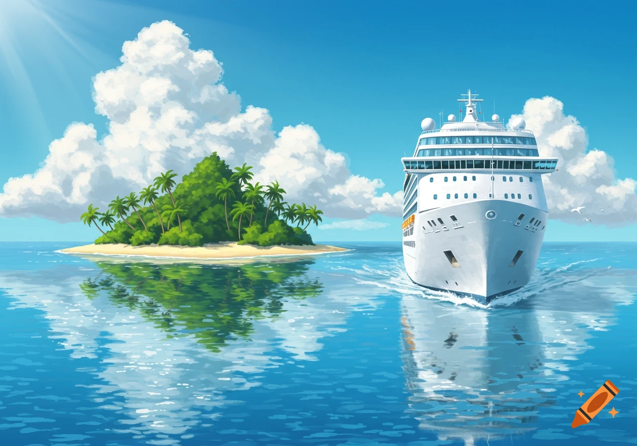 A white cruise ship sails on blue water towards a tropical island with palm trees under a bright sky, illustration.