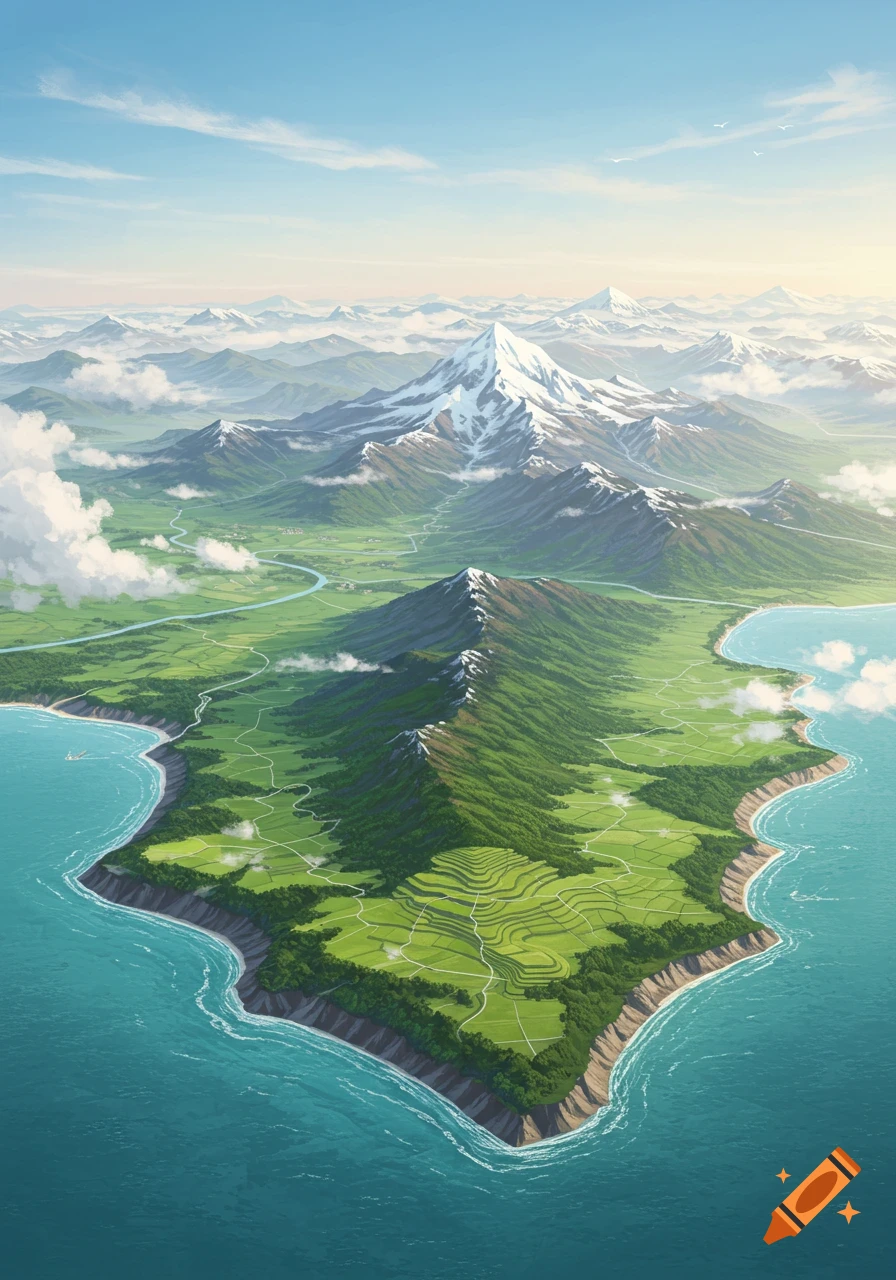 An aerial view of a lush landmass featuring snow-capped mountains, green terraced fields, winding rivers, and a turquoise coastline.