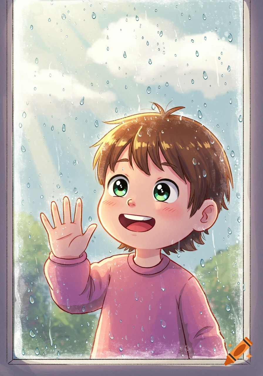 A happy cartoon child with big green eyes waves from behind a rainy window.