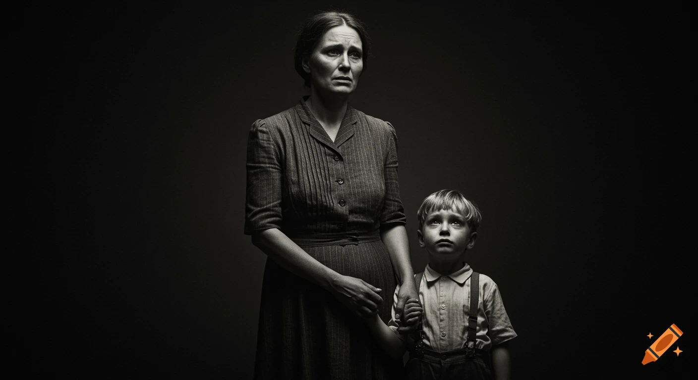 A sad woman in a vintage dress holding her son's hand in a black and white photograph.