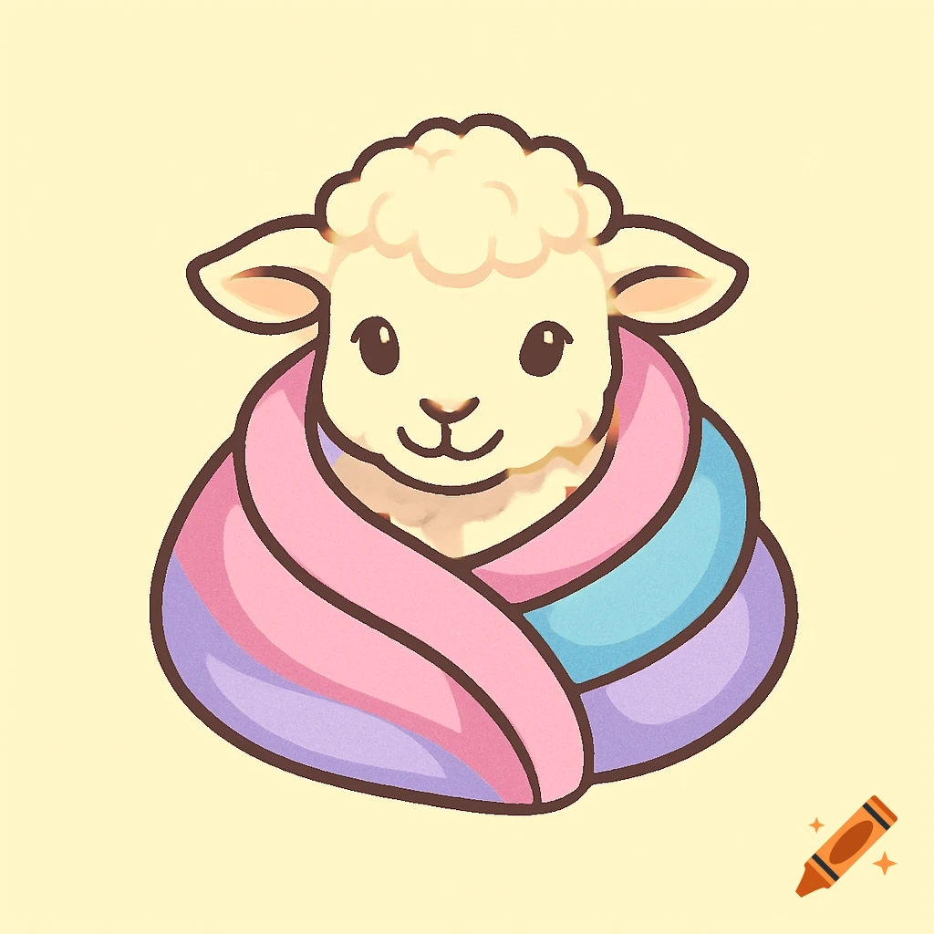 A cute cartoon lamb with a fluffy head, wrapped in a blanket with pink, light blue, and purple stripes.