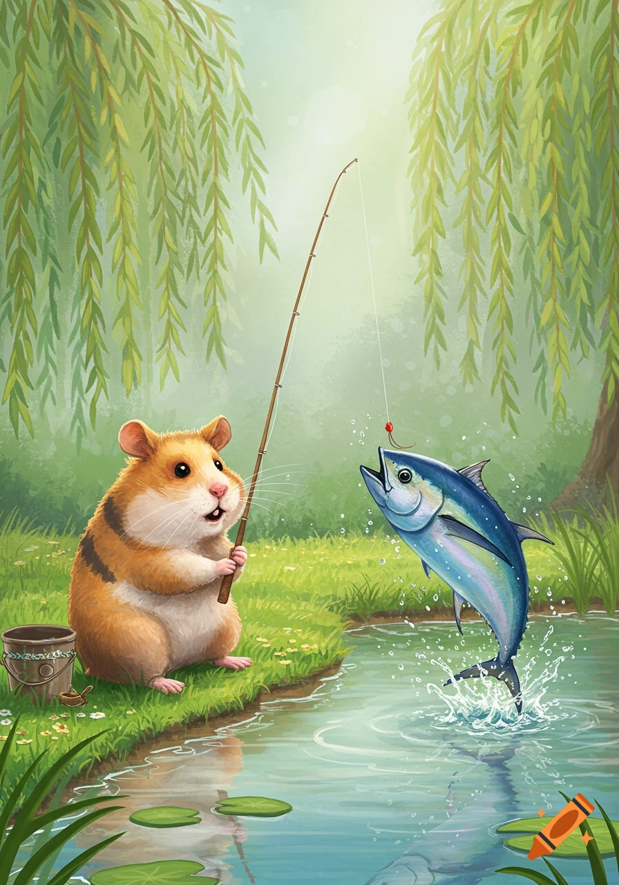 A cute hamster fishes by a pond with willow trees, catching a large tuna that splashes out of the water. Illustration style.
