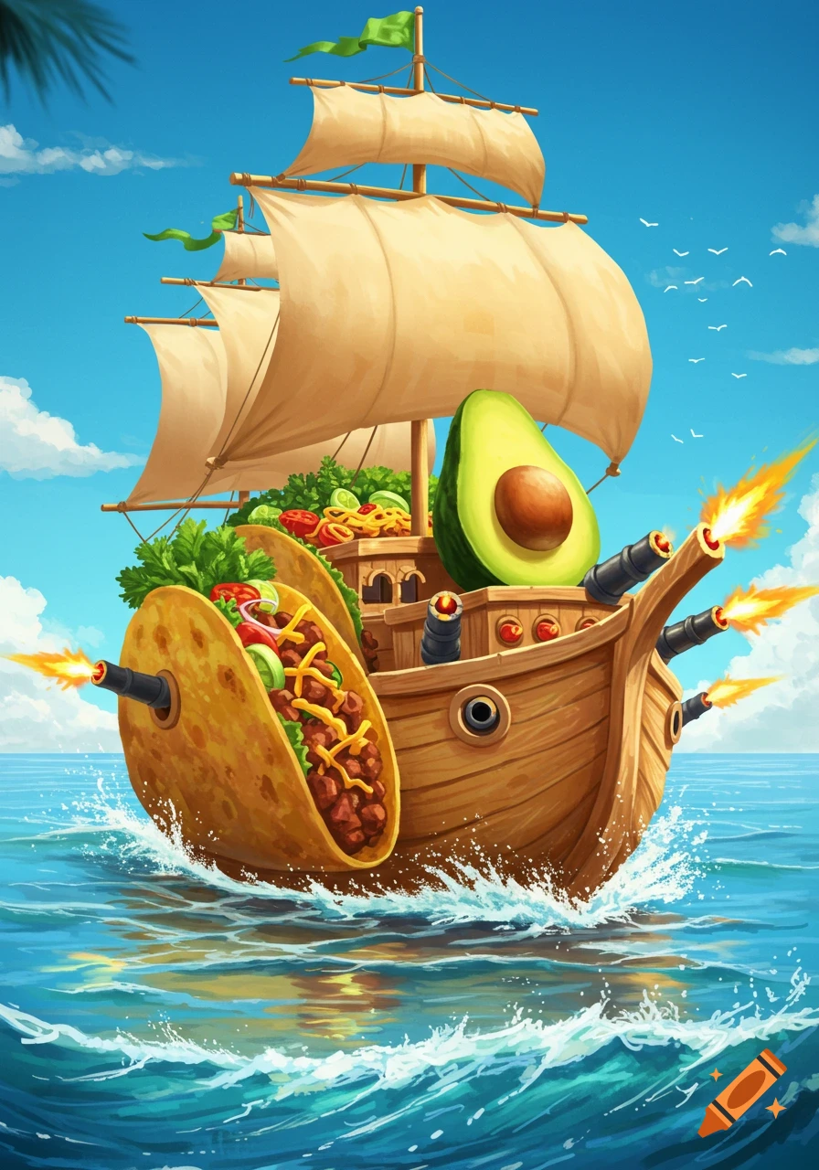 A whimsical cartoon boat with sails, shaped like a pirate ship, features tacos as cannons and a giant avocado on its deck, sailing on a blue ocean.