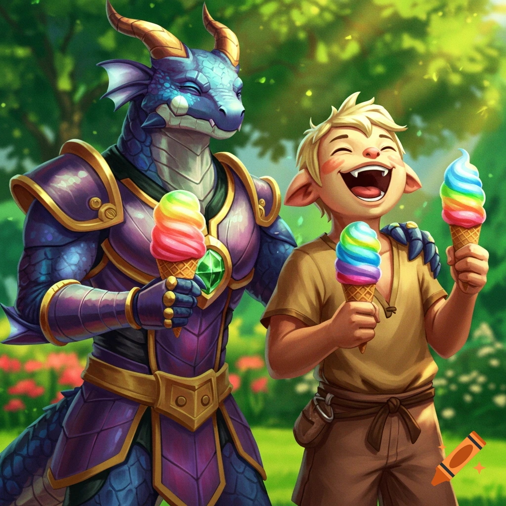 A blue dragon character in armor and a laughing boy with pointy ears eat rainbow ice cream in a sunny garden. Illustrated.