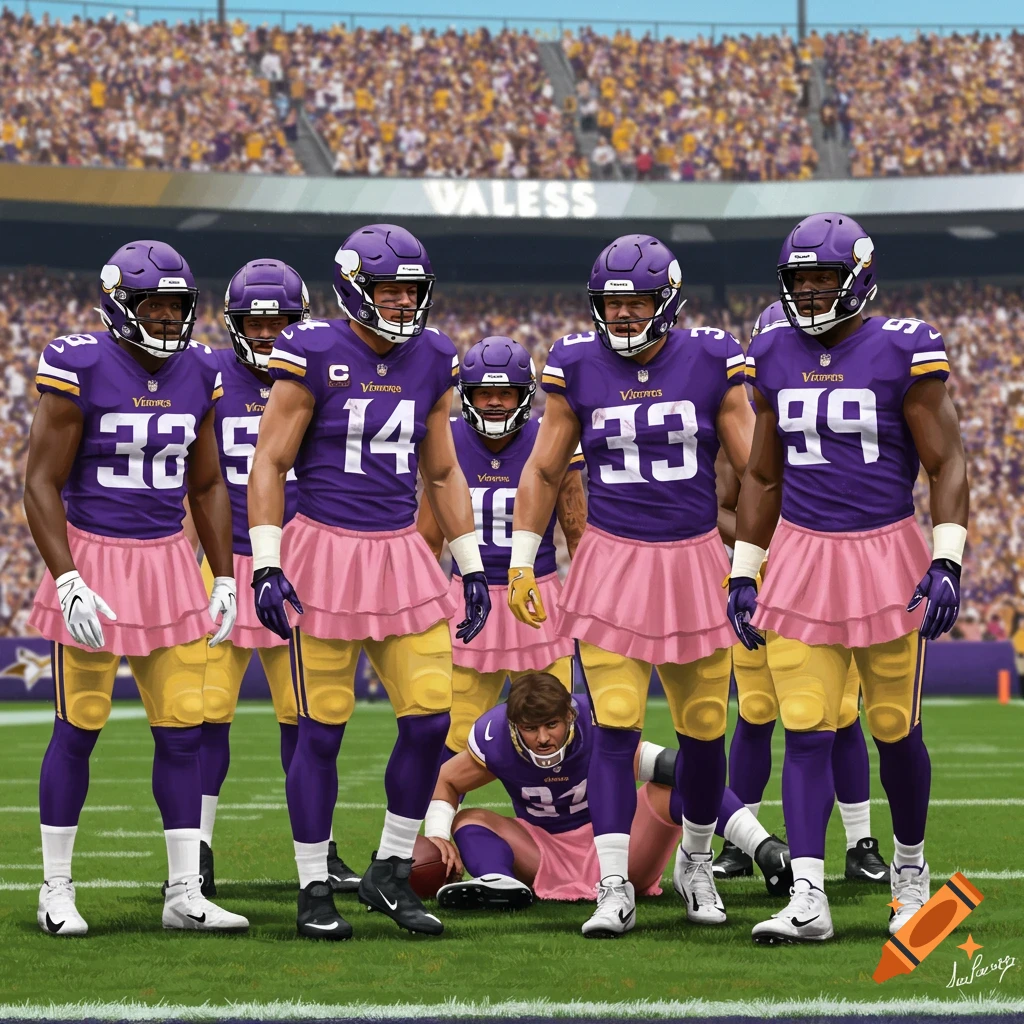 American football players in purple Minnesota Vikings uniforms wearing pink skirts on a football field with a stadium in the background.