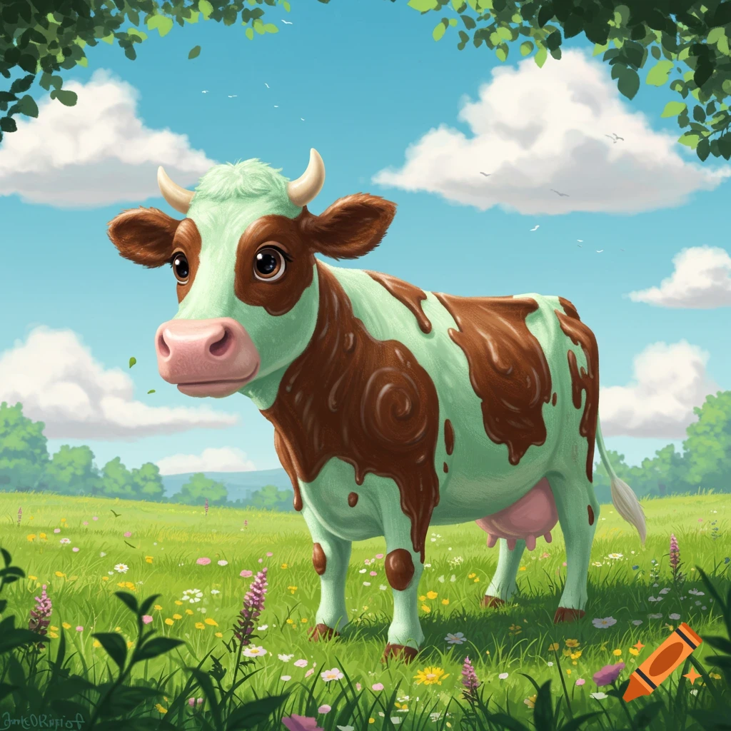 A cartoon mint chocolate cow stands in a vibrant green field with colorful flowers under a blue sky.