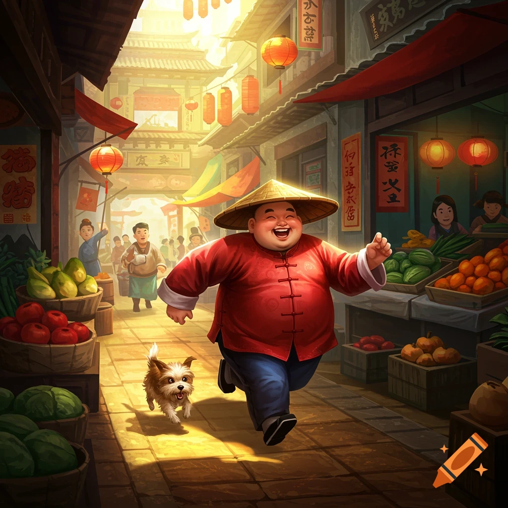 A cheerful man in a red robe and conical hat runs with a small dog through a vibrant, bustling Chinese market street.