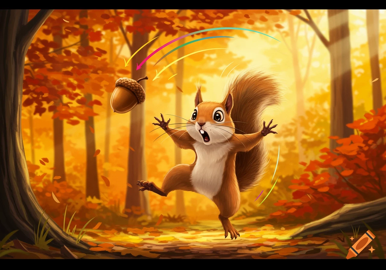 A terrified cartoon squirrel in an autumn forest reacts to a falling acorn with wide eyes and outstretched paws.