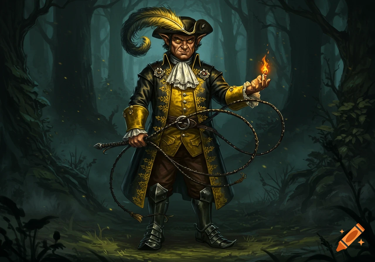 A goblin-like creature in a black and yellow aristocratic outfit and feathered cap holds a whip and a small flame in a dark forest.