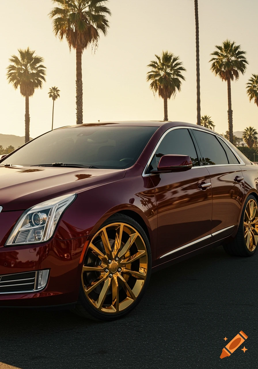 A burgundy Cadillac XTS with gold rims parked on a street lined with palm trees at sunset.