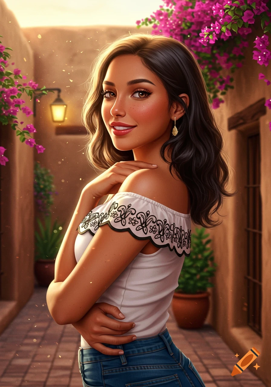 A smiling woman with dark hair and freckles in a white off-shoulder top stands in a sunlit alleyway with pink bougainvillea.