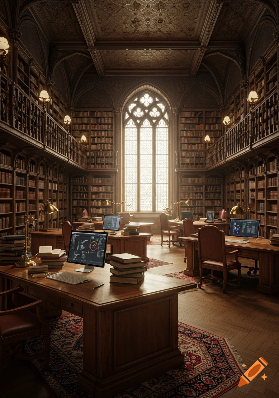 A grand, gothic-style library with tall wooden bookshelves, a large arched window, and desks with modern computers.