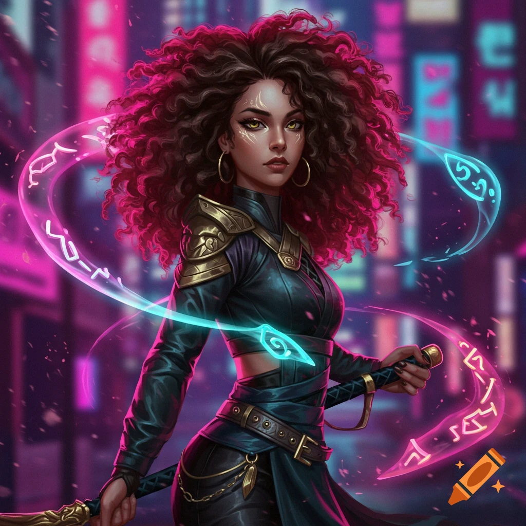 A woman with curly dark hair and glowing eyes, wearing dark armor, stands against a neon city background with glowing magical symbols swirling around her.