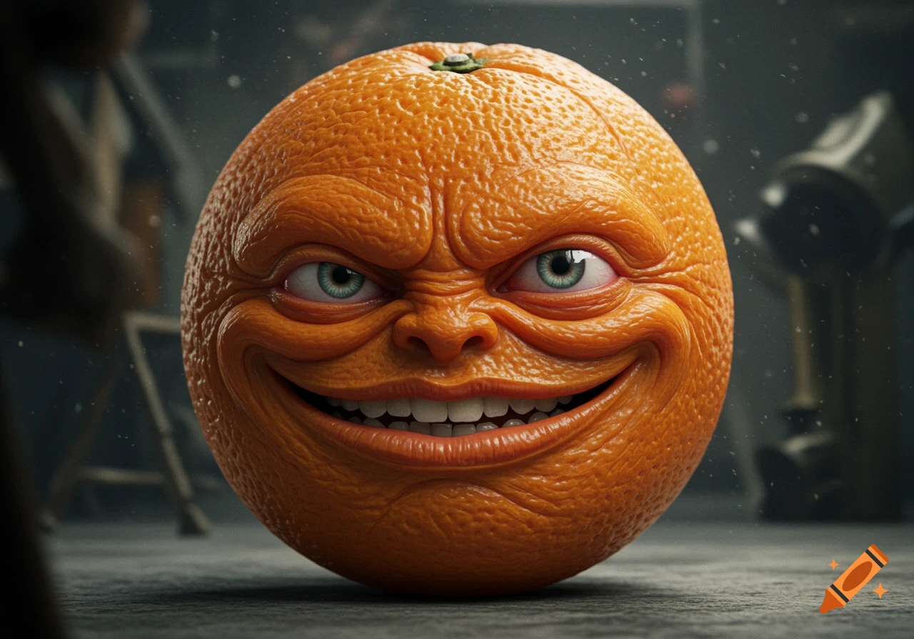 A hyperrealistic orange with a wrinkled human face and wide blue eyes grins eerily in a dark setting.