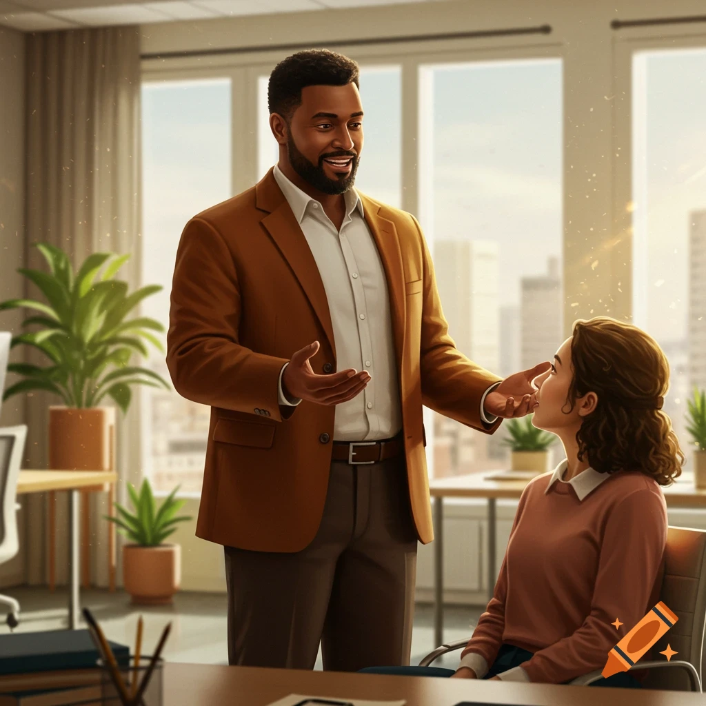 A professional Black man standing, gesturing while talking to a woman sitting in a modern office.