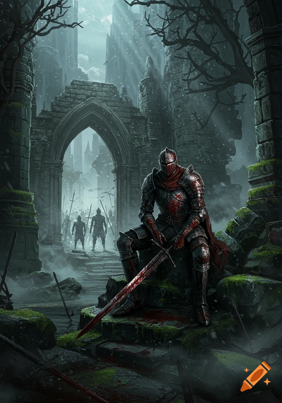 A wounded knight in dark armor with a bloody sword sits in crumbling castle ruins, other knights visible in the misty background, dark fantasy art.