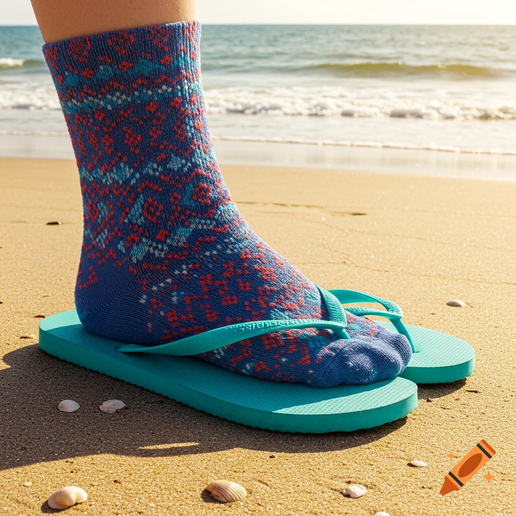 A person's foot in a blue patterned sock wearing turquoise flip-flops on a sandy beach with the ocean in the background.