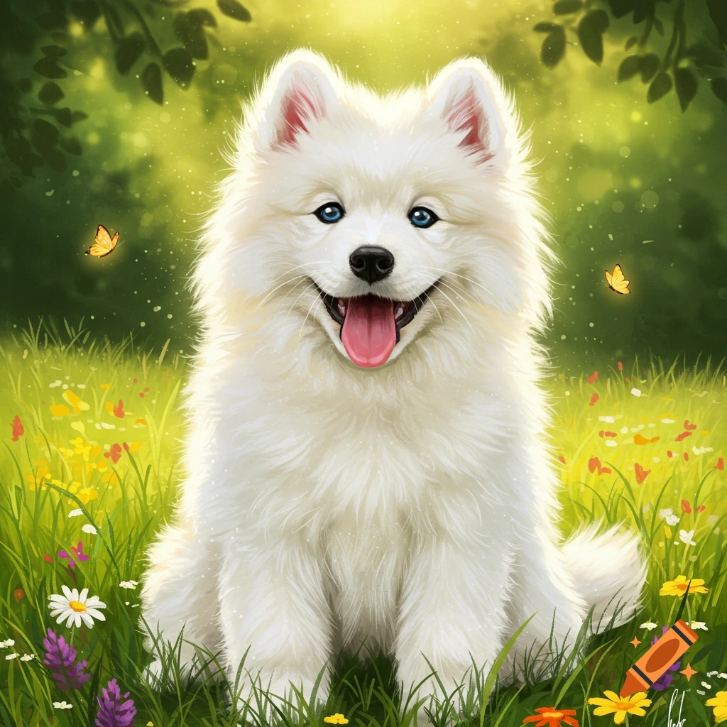 A fluffy white Samoyed puppy with blue eyes smiles with its tongue out, sitting in a field of green grass and wildflowers under sunlight.