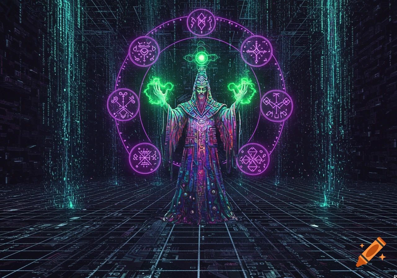 A colorful wizard stands with glowing green hands within a neon purple arcane circle in a dark, digital matrix world.