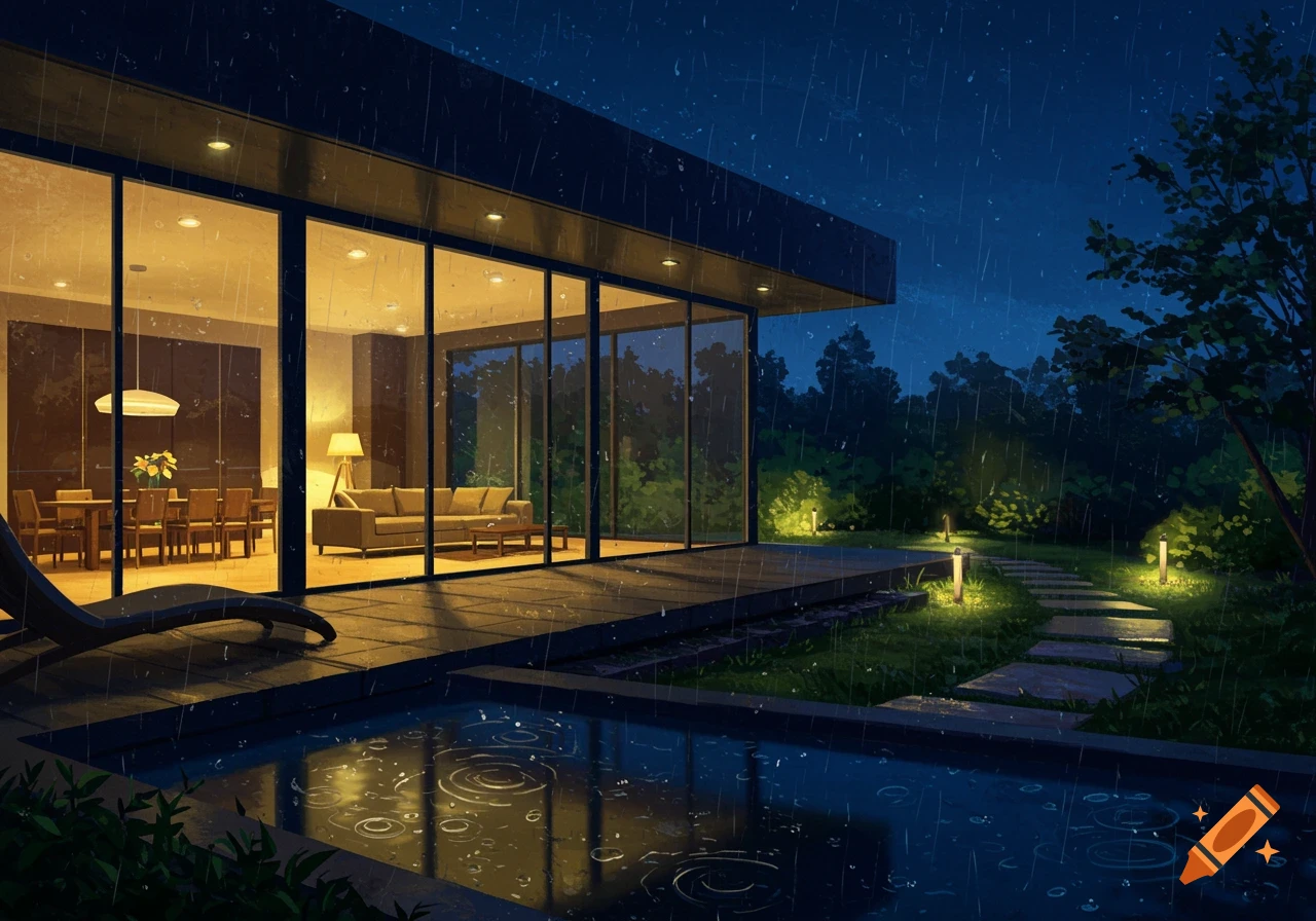 A modern house with large glass windows glows from within, seen from a garden with a pool on a rainy night.