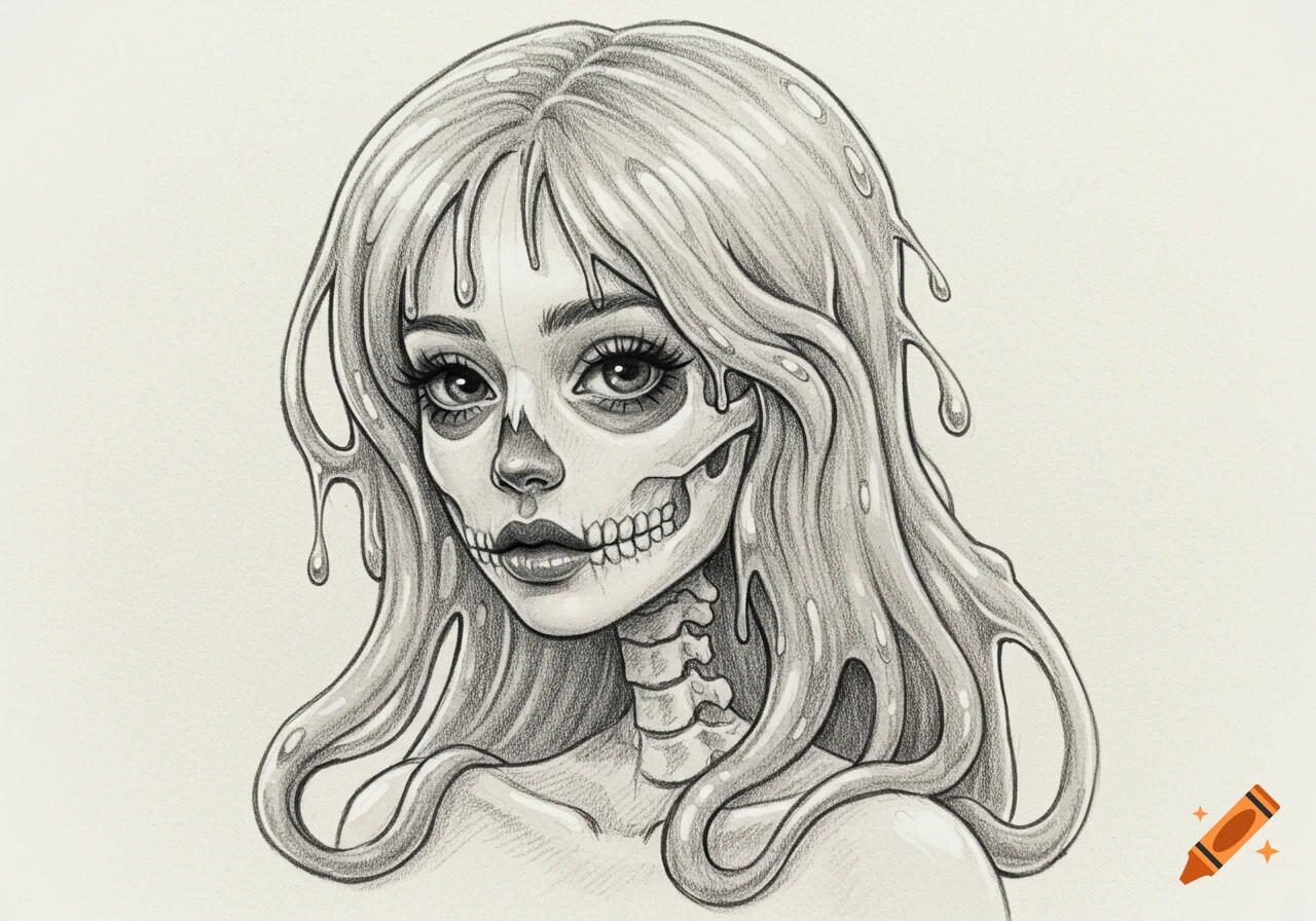 Pencil drawing of a stylized skeleton girl with long, dripping hair made of slime.