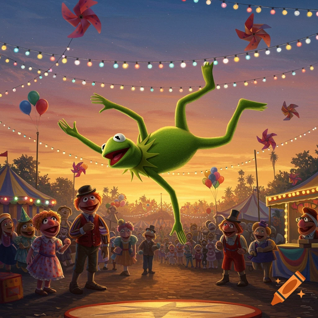 Kermit the Frog floats mid-air above a cheering crowd of Muppet characters at a colorful carnival under a sunset sky.