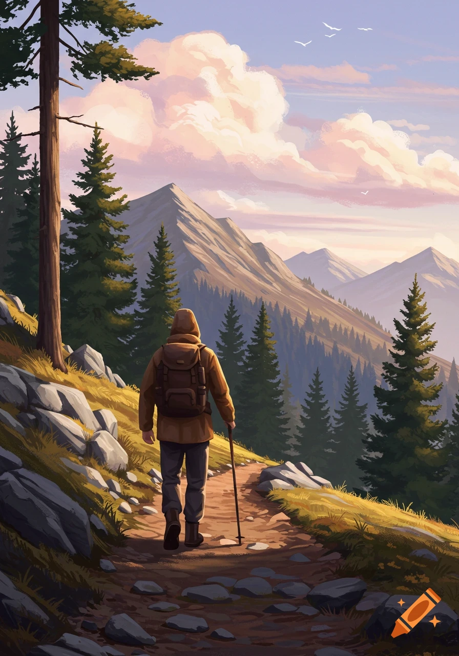 A person with a backpack and walking stick hikes a mountain path through a forest, under a sky with pink and white clouds in an illustrative style.