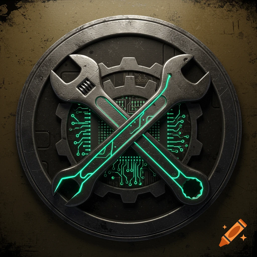 A rugged, circular emblem with crossed wrenches featuring neon green circuit lines, set against a dark gear and circuit pattern.