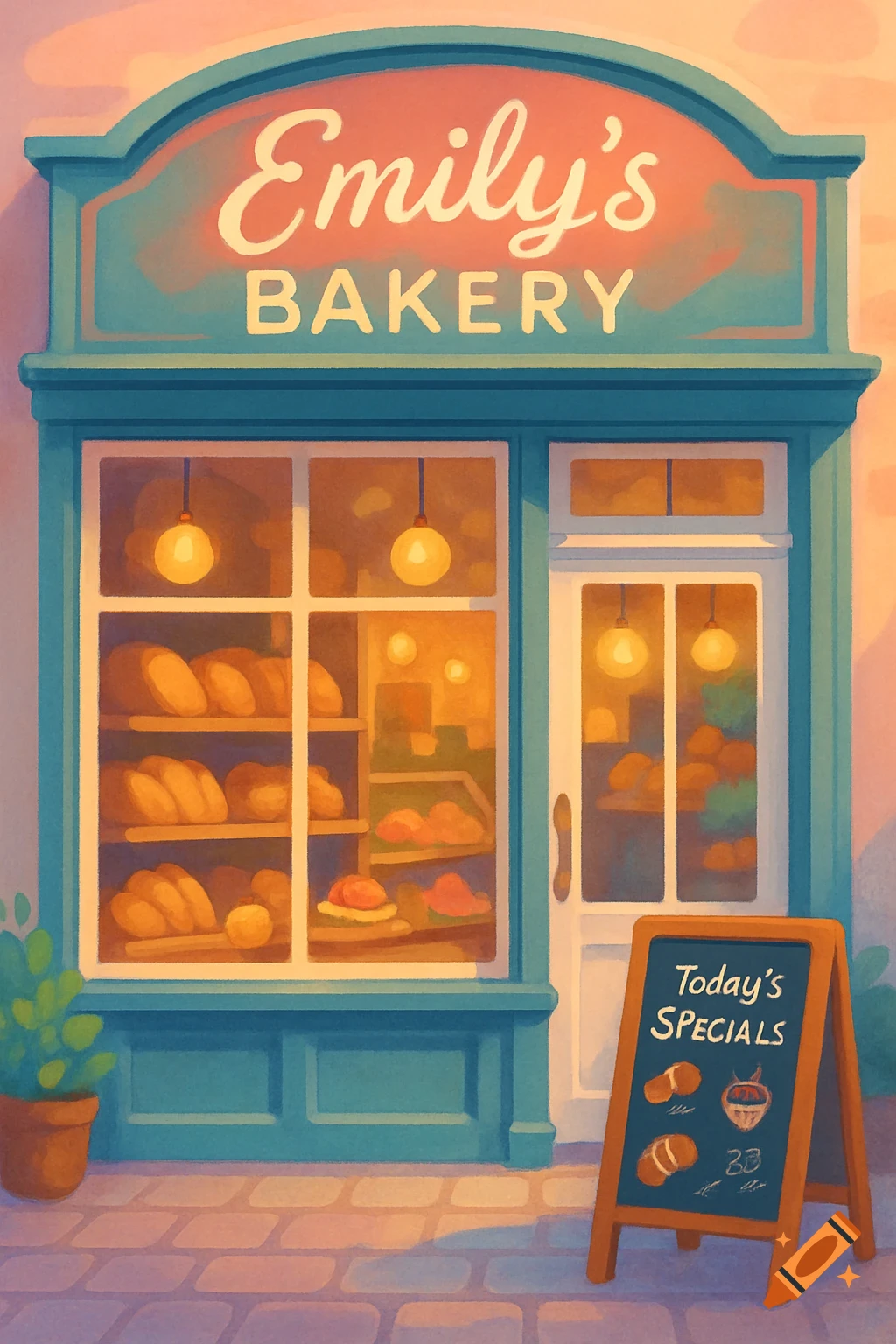 An illustration of Emily's Bakery storefront with a blue and red sign and an A-frame chalkboard advertising 'Today's SPECIALS'.