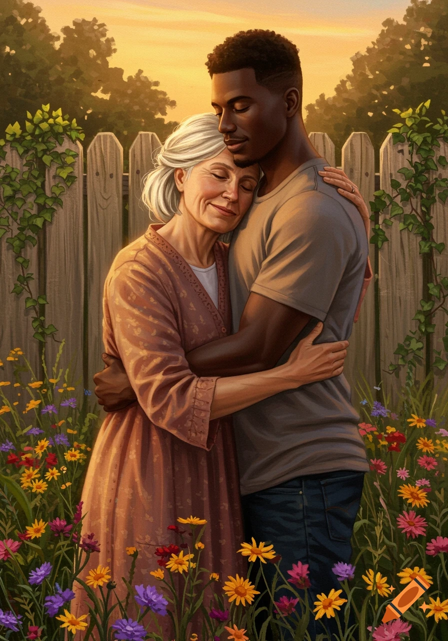 An older white woman and a younger Black man embrace lovingly in a vibrant flower garden at sunset.