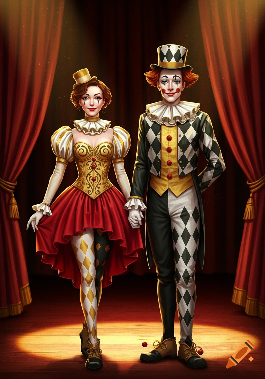 A stylized painting of a female and male clown in ornate harlequin costumes, standing on a stage with red curtains.