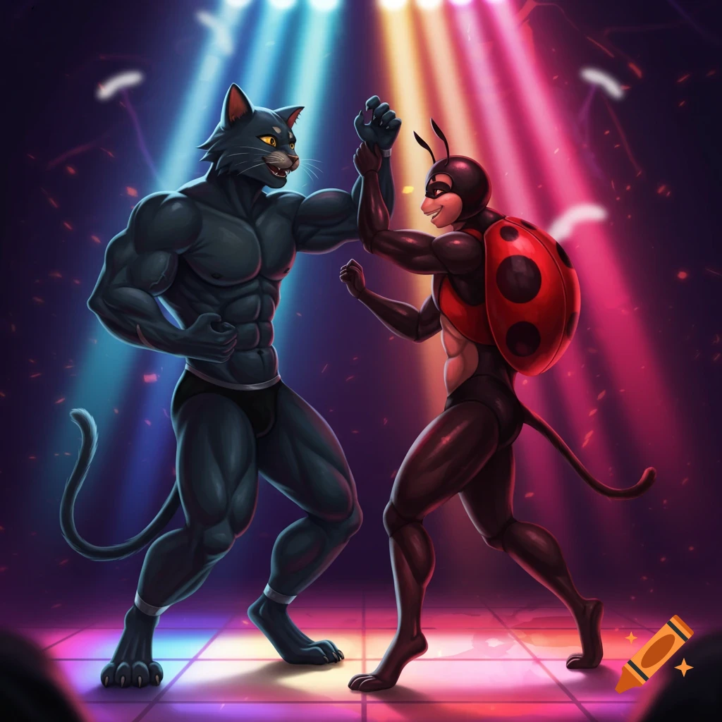 Muscular anthropomorphic black cat and red ladybug characters dance under colorful spotlights.