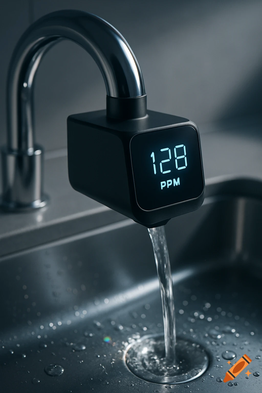 A photorealistic close-up of a black digital water quality monitor attached to a chrome faucet, displaying "128 PPM" as water flows into a stainless steel sink.