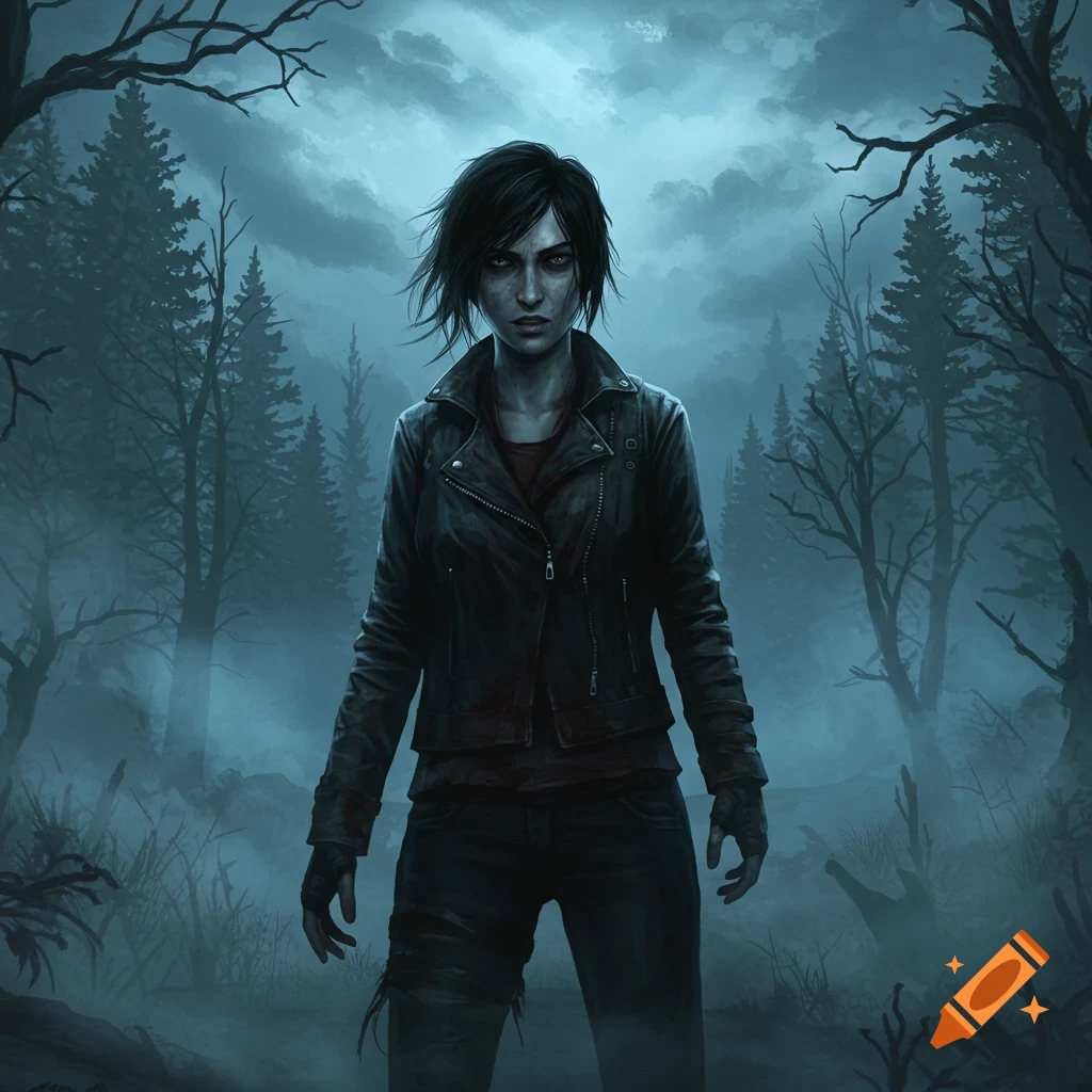 Dark, stylized illustration of a woman in a leather jacket standing in a foggy, eerie forest.