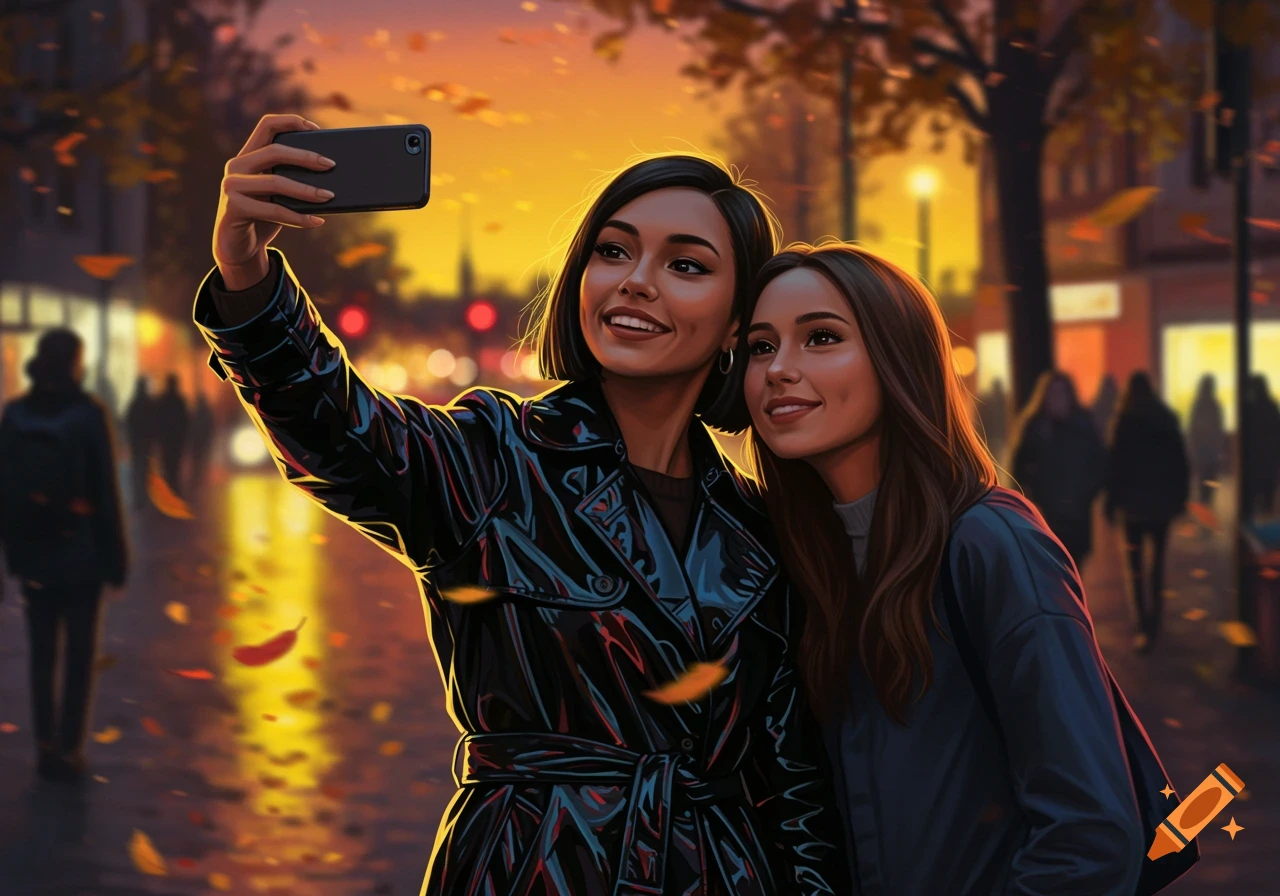 Two smiling young women take a selfie on a city street at sunset, with autumn leaves falling. Illustrated style.
